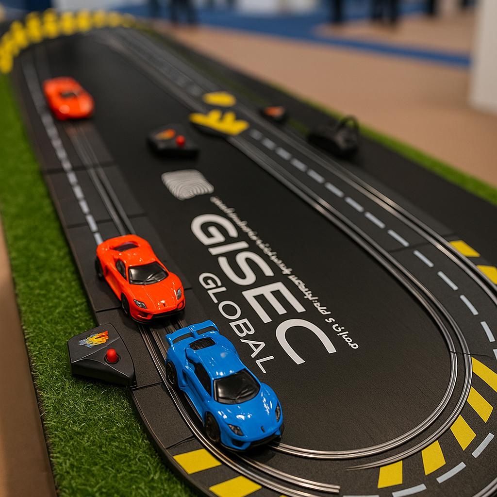 Guest wearing brainwave headband racing a slot car using mind control at a Dubai tech event. Interactive, hands-free game rental for events and exhibitions